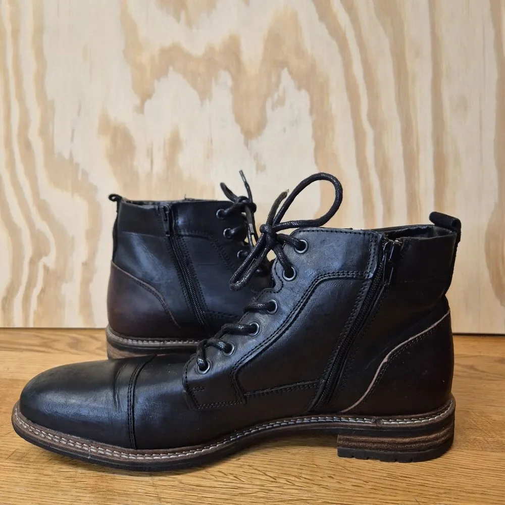 Bull Boxer Warrant Mens 13 Black Leather Cap Toe Zip Lace Up Ankle Boots